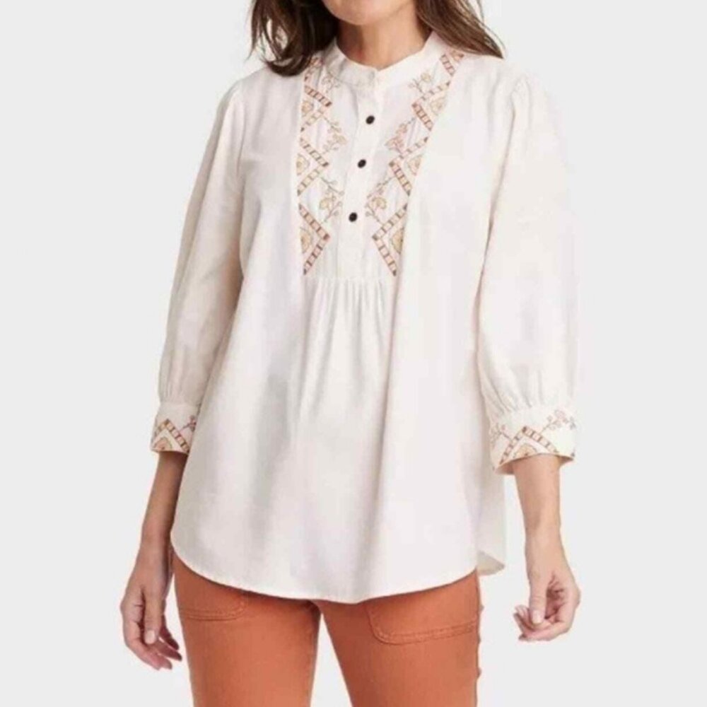 Knox Rose Women's 3/4 Bishop Sleeve Embroidered Tunic Top